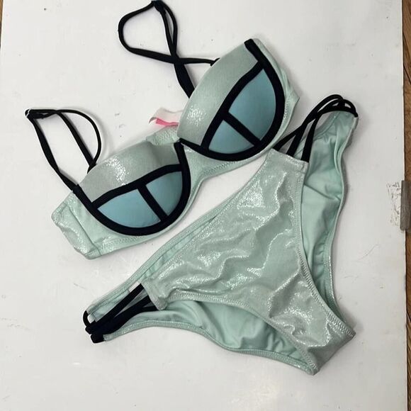 NWOT‎ VICTORIA SECRET FOIL MINT COLORBLOCK SWIMSUIT SIZE 32B BRA BOTTOM M - Picture 1 of 7